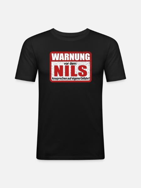 Nils Name Lustiges Warnschild - Männer Slim Fit T-Shirt - Schwarz