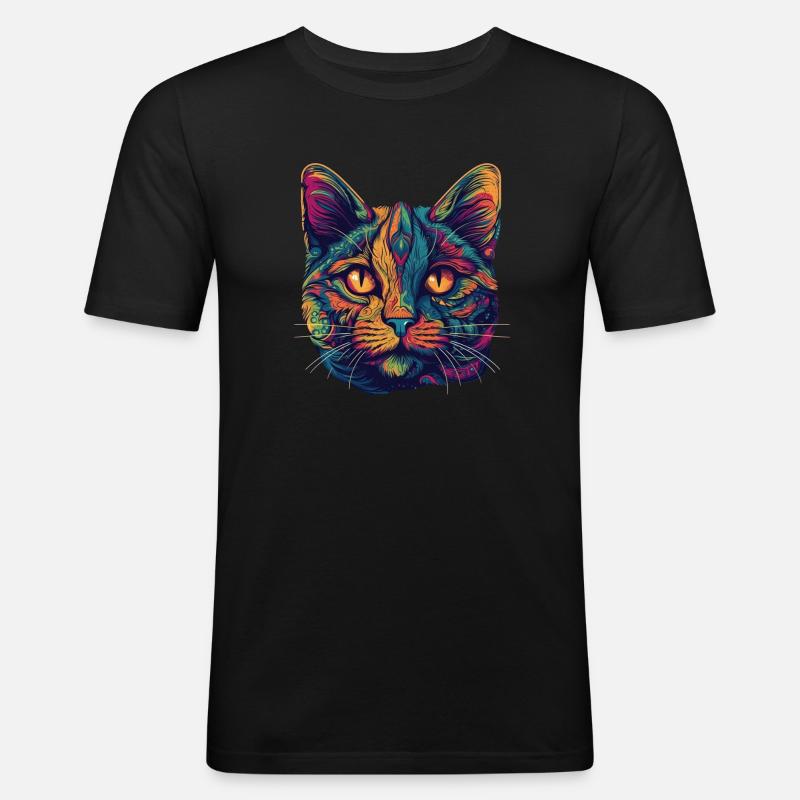 Psychedelisches Katzengesicht mit bunten Mustern - Männer Slim Fit T-Shirt - Schwarz