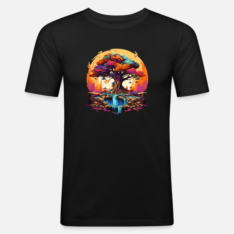Herbstlicher Lebensbaum - Männer Slim Fit T-Shirt - Schwarz