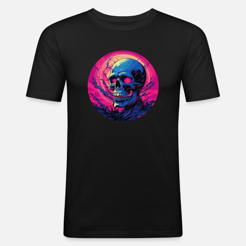 Cyber Skull Synthwave Retro Sunset - Männer Slim Fit T-Shirt - Schwarz