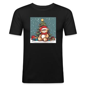 Teddy bear under a decorated Christmas tree - Men's Slim Fit T-Shirt - black - Front - Nik (191cm)