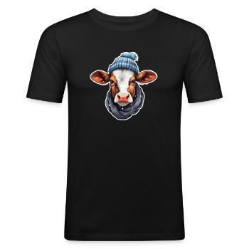 Kuh-Winterfest - Männer Slim Fit T-Shirt - Schwarz - Vorne - Nik (191cm)