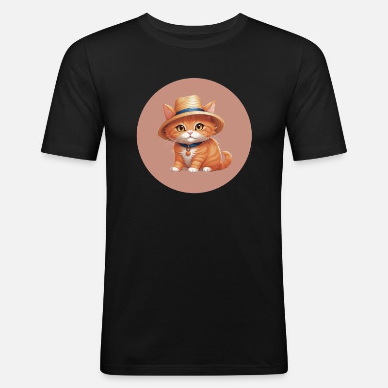 Katze mit Strohhut - Männer Slim Fit T-Shirt - Schwarz