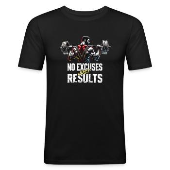 No Excuses, Just Results - Fitness Edition - Männer Slim Fit T-Shirt - Schwarz - Vorne - Nik (191cm)