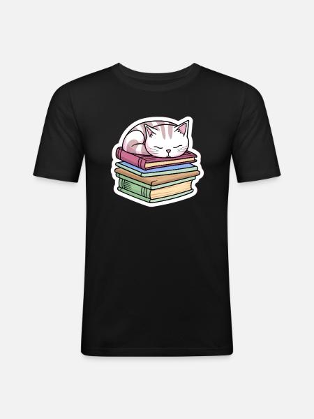 Sleeping Book Cat - Men's Slim Fit T-Shirt - black
