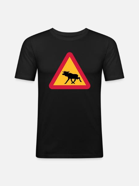 Elch Warnschild - Männer Slim Fit T-Shirt - Schwarz