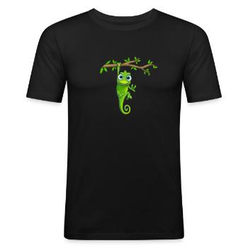 Chamäleon grün hängt am Ast - Männer Slim Fit T-Shirt - Schwarz - Vorne - Nik (191cm)