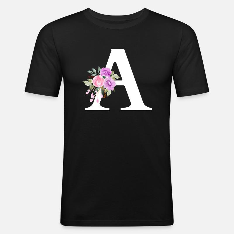 Lila Blumenbuchstabe - Männer Slim Fit T-Shirt - Schwarz