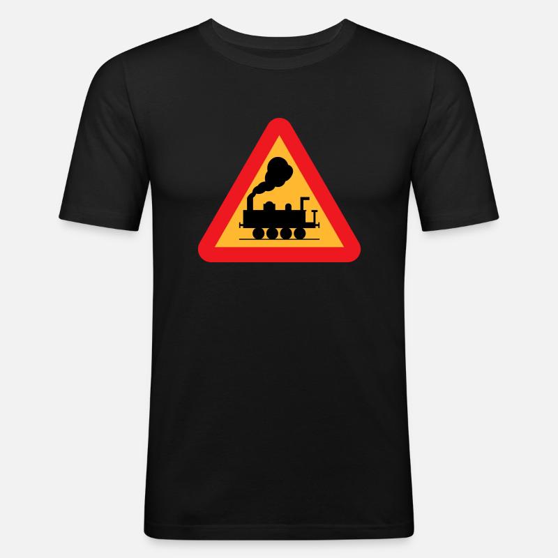 Zug Warnzeichen - Männer Slim Fit T-Shirt - Schwarz