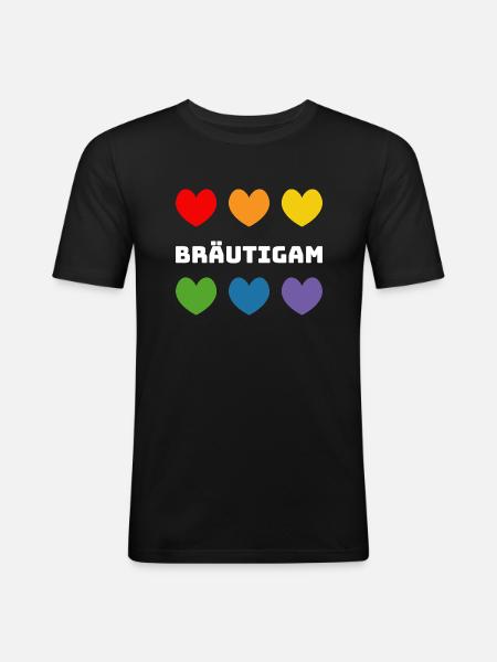 Regenbogenherzchen Braeutigam weiss - Männer Slim Fit T-Shirt - Schwarz