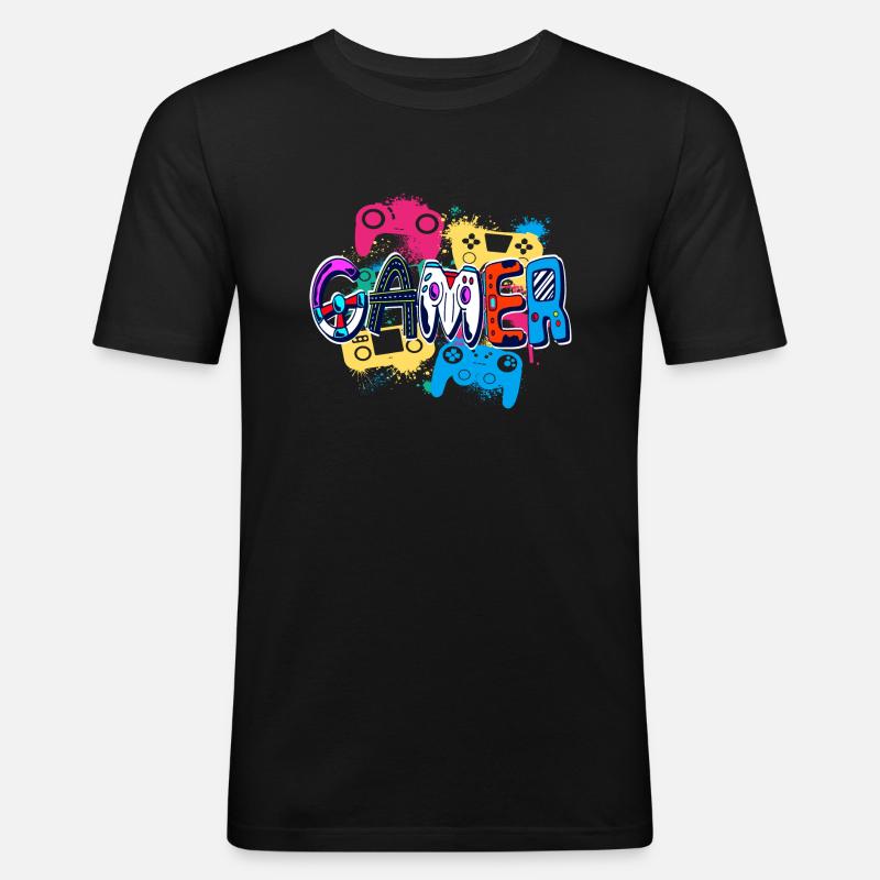 Bunter Gamer Controller Kunststil Poster - Männer Slim Fit T-Shirt - Schwarz