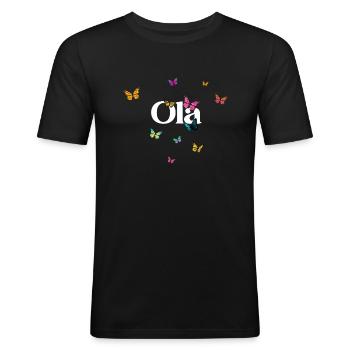 OLA - Schöner Mädchen Name mit Schmetterlingen - Männer Slim Fit T-Shirt - Schwarz - Vorne - Nik (191cm)