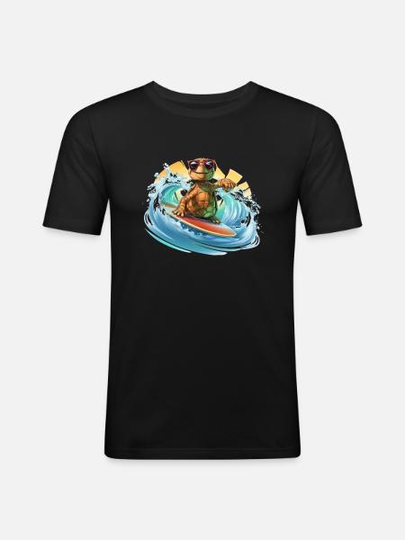 Surfende Schildkröte - Männer Slim Fit T-Shirt - Schwarz