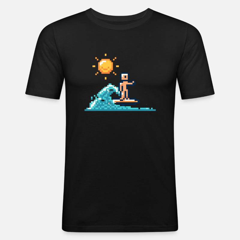 Pixel-Surfer - Männer Slim Fit T-Shirt - Schwarz
