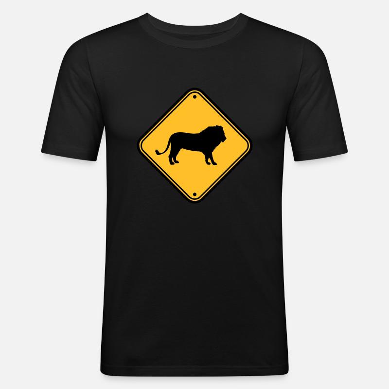 Vorsicht Löwe Schild - Männer Slim Fit T-Shirt - Schwarz