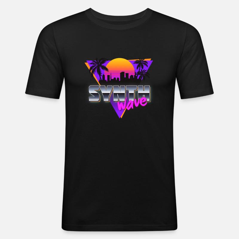 Synthwave City and Palms - Männer Slim Fit T-Shirt - Schwarz
