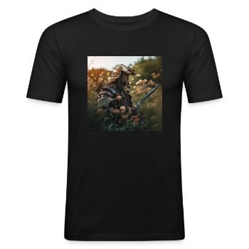 Samurai in Flower Field -Warrior in Armor - Männer Slim Fit T-Shirt - Schwarz - Vorne - Nik (191cm)