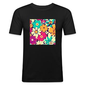 Floral motif stylized retroflowers 60s and 70s - Men's Slim Fit T-Shirt - black - Front - Nik (191cm)