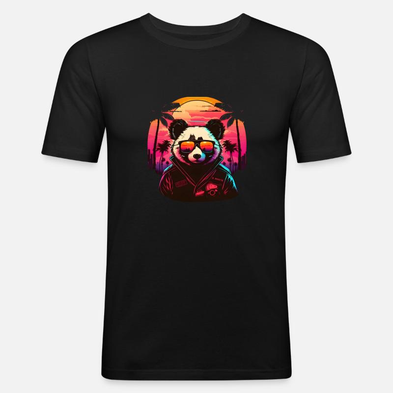 Synthwave Panda Sunset - Männer Slim Fit T-Shirt - Schwarz