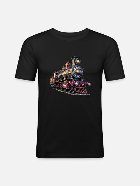 Het beeld van een oude stoomlocomotief - Mannen slim fit T-shirt - zwart