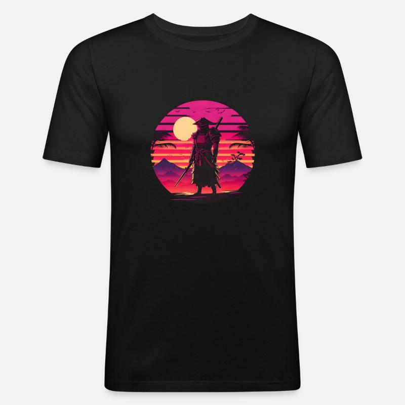 Synthwave Samurai Sunset - Männer Slim Fit T-Shirt - Schwarz