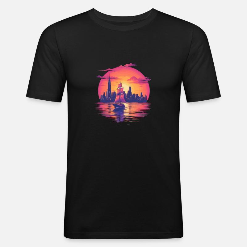Synthwave sailing ship sunset Dream - Männer Slim Fit T-Shirt - Schwarz