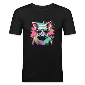 Vintage Vibes: DJ Cat en néon - T-shirt près du corps Homme - noir - Devant - Nik (191cm)