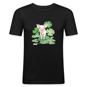 Glücksschwein auf Vierblättrigem Kleeblatt - Männer Slim Fit T-Shirt - Schwarz - Vorne - Nik (191cm)