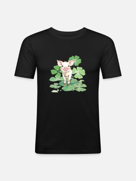 Glücksschwein auf Vierblättrigem Kleeblatt - Männer Slim Fit T-Shirt - Schwarz