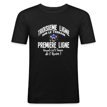 Cadeau en Première Ligne : Rugby et Apéro ! - T-shirt près du corps Homme - noir - Devant - Nik (191cm)