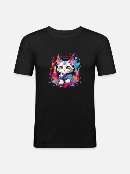 Bunte Katze - Männer Slim Fit T-Shirt - Schwarz