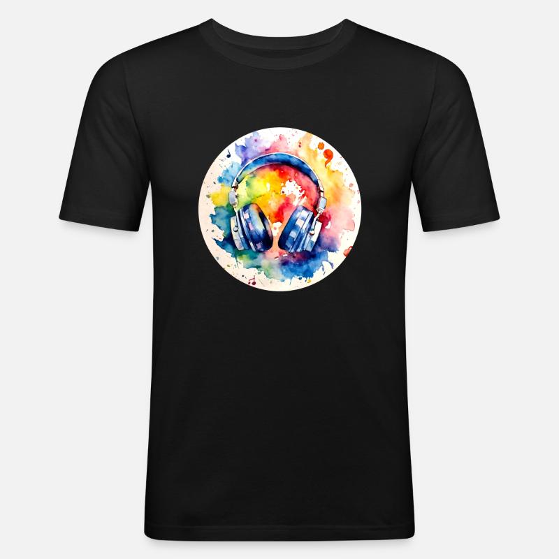Bunte Kopfhörer Musik - Männer Slim Fit T-Shirt - Schwarz