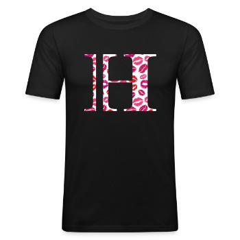 Lettre h bisous - T-shirt près du corps Homme - noir - Devant - Nik (191cm)