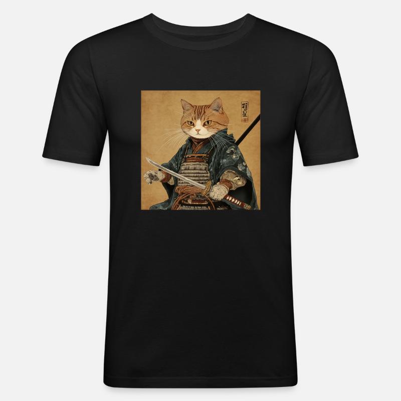 Katze Samurai Japan Ukiyo-E - Männer Slim Fit T-Shirt - Schwarz