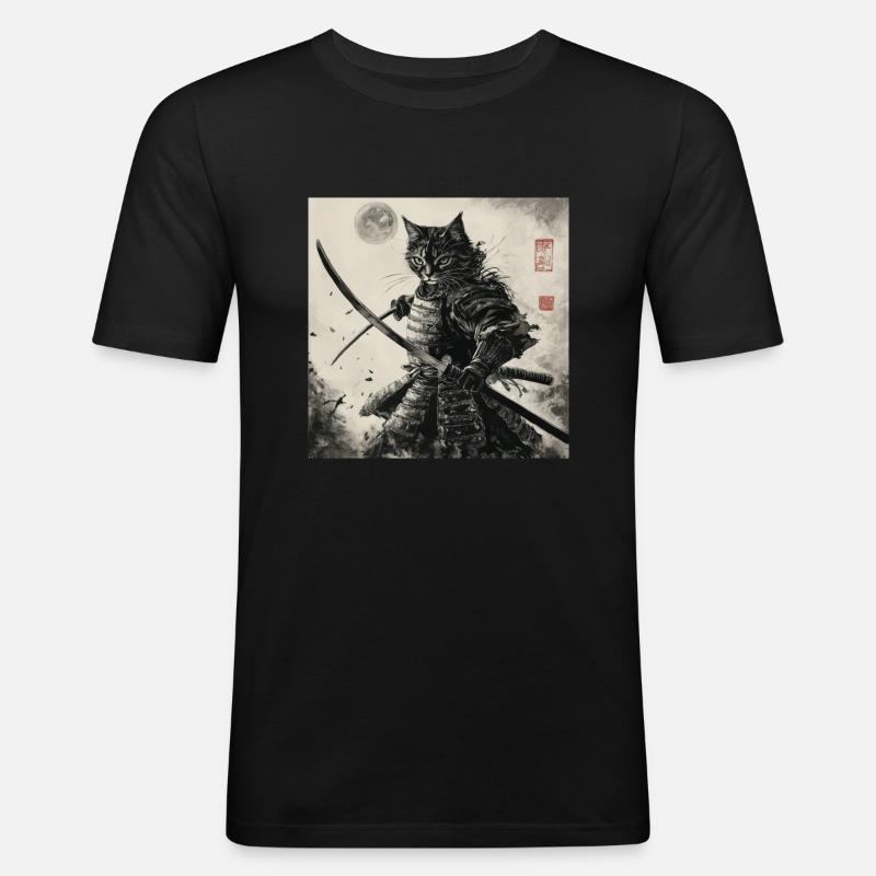 Katze Samurai Japan Ukiyo-E - Männer Slim Fit T-Shirt - Schwarz