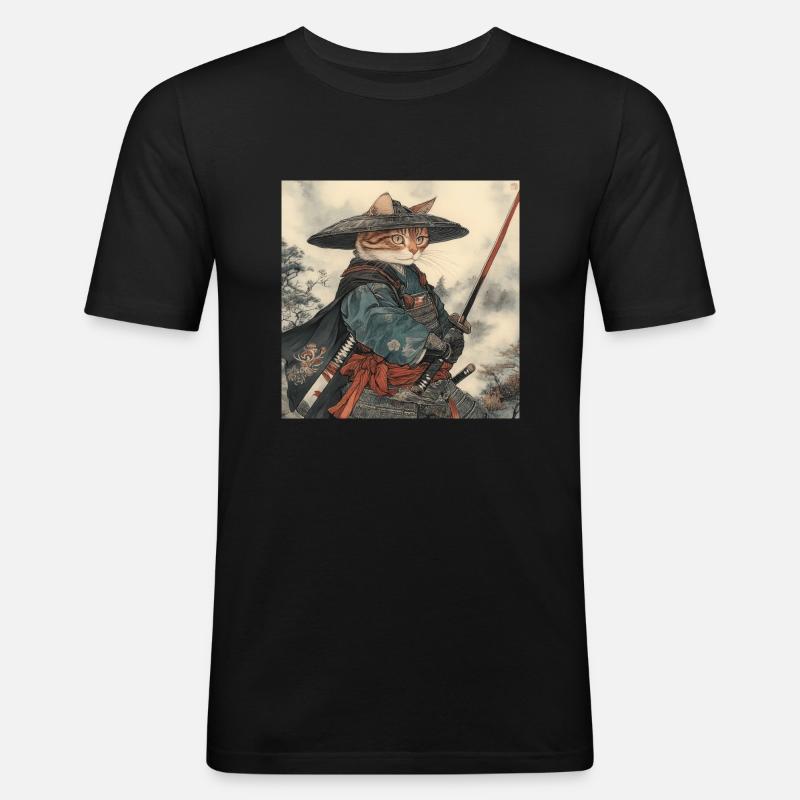 Kot Samuraj Japonia Ukiyo-E - Obcisła koszulka męska - czarny