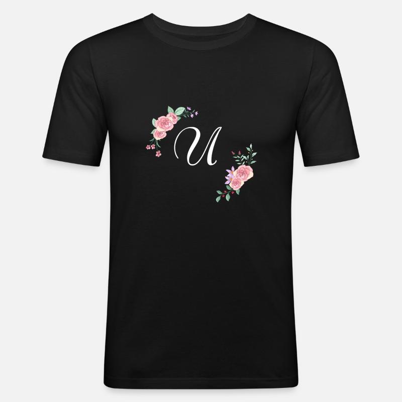 Rosa geblümter U-Buchstabe - Männer Slim Fit T-Shirt - Schwarz