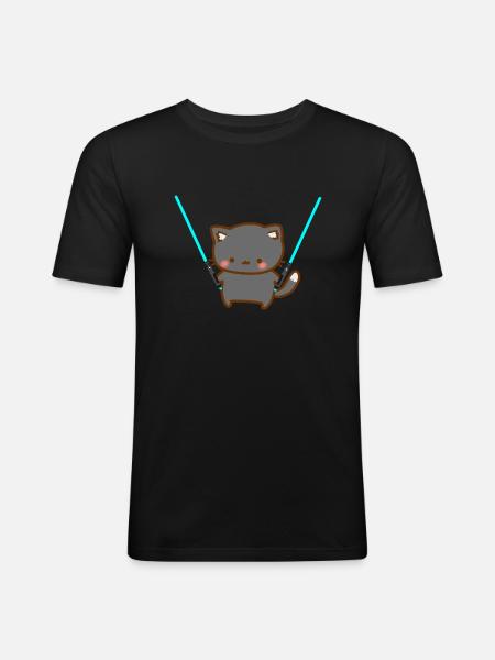Cute cat with blue lightsabers - Men's Slim Fit T-Shirt - black
