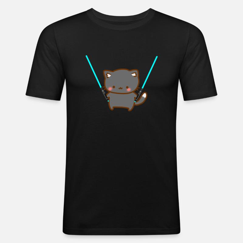 Süße Katze mit blauen Lichtschwertern - Männer Slim Fit T-Shirt - Schwarz