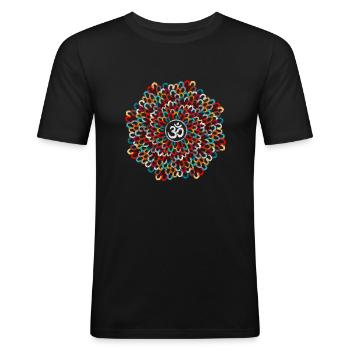 Yogi, Prana Mandala Om - Bunte Federn - Männer Slim Fit T-Shirt - Schwarz - Vorne - Nik (191cm)
