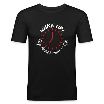 wake up - Men's Slim Fit T-Shirt - black - Front - Nik (191cm)