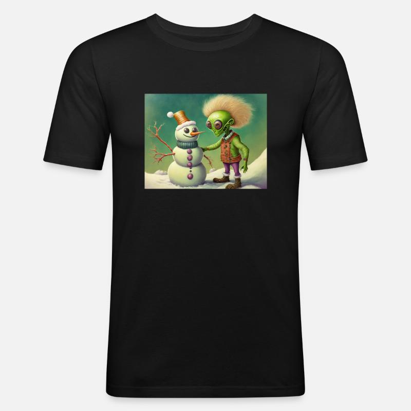 Alien baut einen Schneemann - Männer Slim Fit T-Shirt - Schwarz