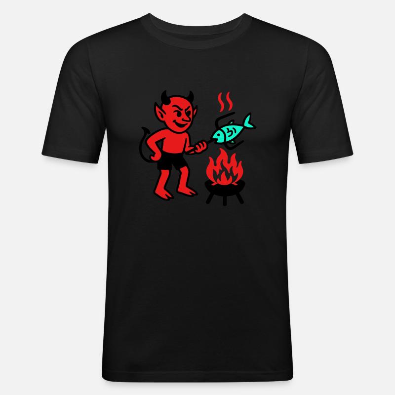 Devil with Fish - Männer Slim Fit T-Shirt - Schwarz