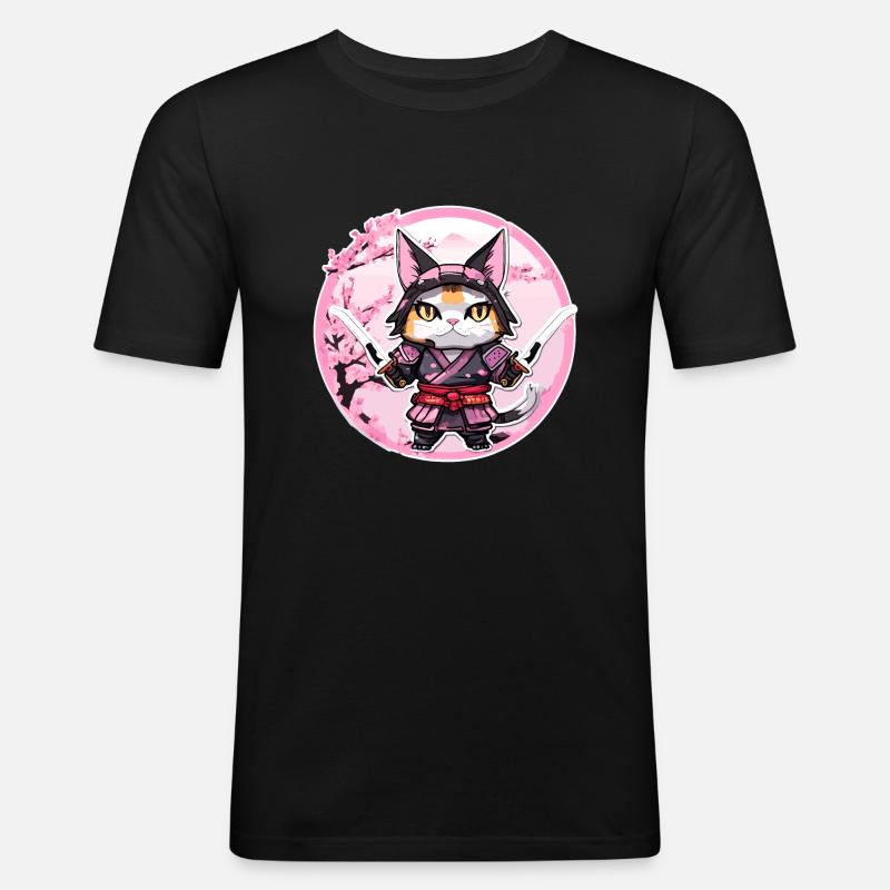Samurai Katze & Kirschblüten #1 - Männer Slim Fit T-Shirt - Schwarz
