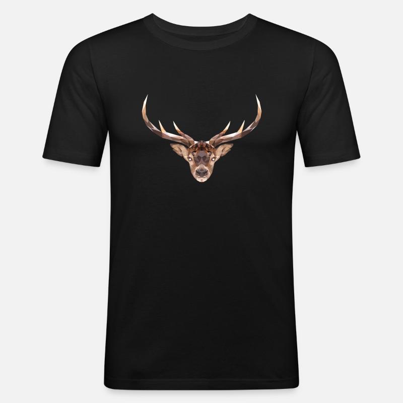 Polygon Hirschkopf mit Geweih - Männer Slim Fit T-Shirt - Schwarz