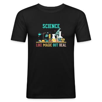 SCIENCE - LIKE MAGIC BUT REAL - Männer Slim Fit T-Shirt - Schwarz - Vorne - Nik (191cm)