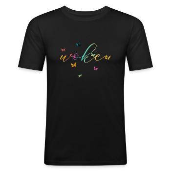 Autodérision : WOKE - T-shirt près du corps Homme - noir - Devant - Nik (191cm)