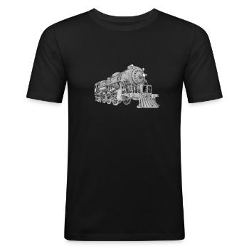 Lokomotive, Dampflokomotive, Eisenbahn, Zug - Männer Slim Fit T-Shirt - Schwarz - Vorne - Nik (191cm)