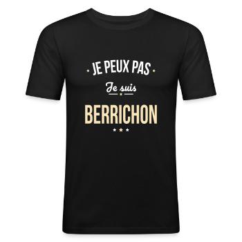 Je peux pas je suis Berrichon - T-shirt près du corps Homme - noir - Devant - Nik (191cm)