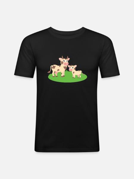 Kuh mit Kalb - Männer Slim Fit T-Shirt - Schwarz